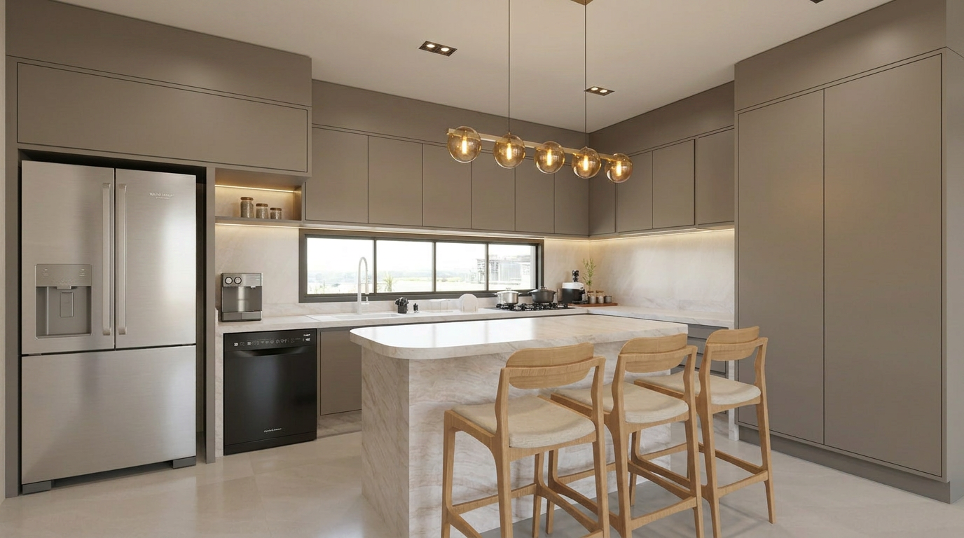 Vista da cozinha com geladeira inox, ilha em mármore branco e pendentes globe sobre fileira de banquetas