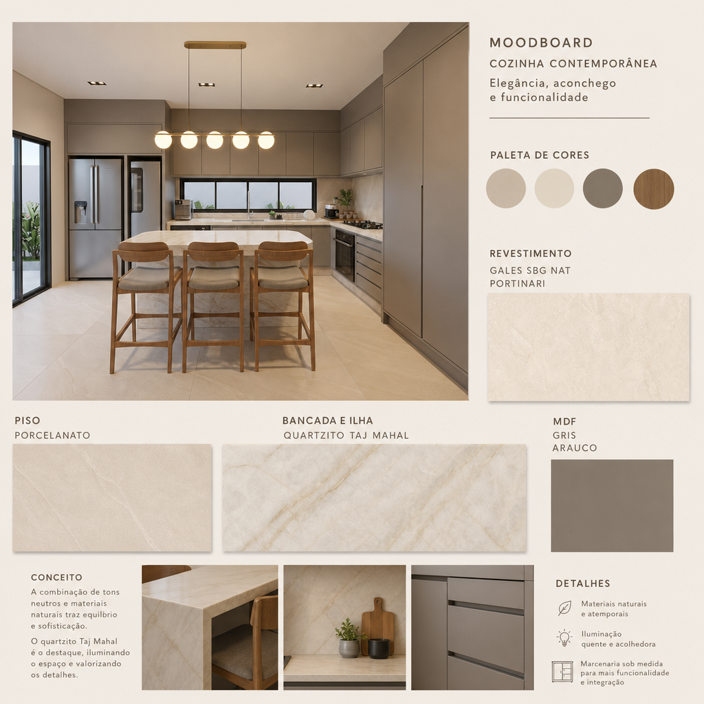 Mood board da cozinha com paleta e referências de marcenaria, bancada e piso