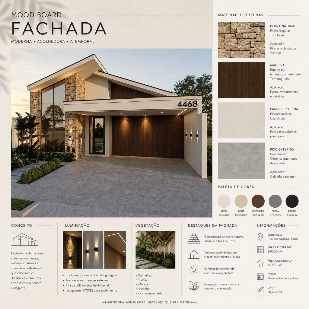 Mood board da fachada com materiais, paleta e referências de iluminação